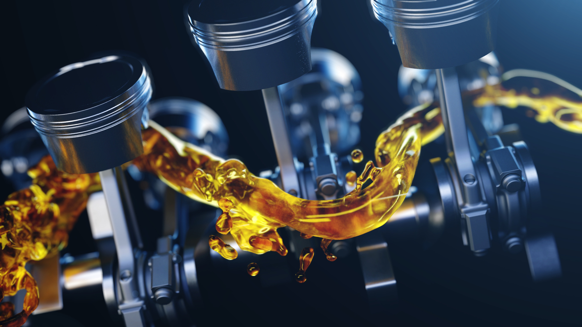 3d illustration of car engine with lubricant oil on repairing. Concept of lubricate motor oil